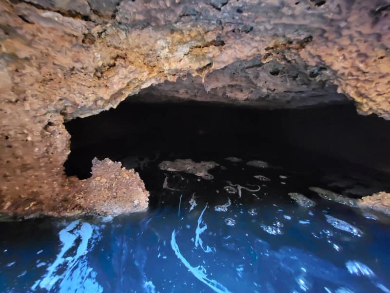 Camera view inside a seepage pit, with the rock wall above standing water